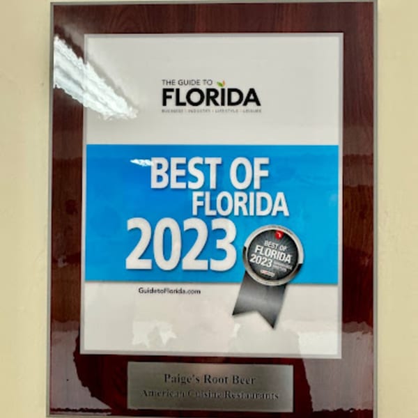 Paige's Root Beer "Best of Florida 2023" award plaque for American Cuisine Restaurants.